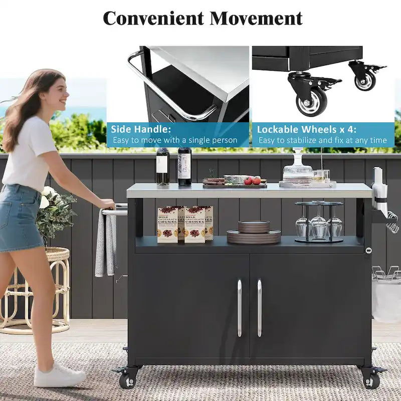 Ilot de cuisine extérieur avec plateau en acier inoxydable, table de chariot de barbecue en métal avec armoire de rangement - S.O.