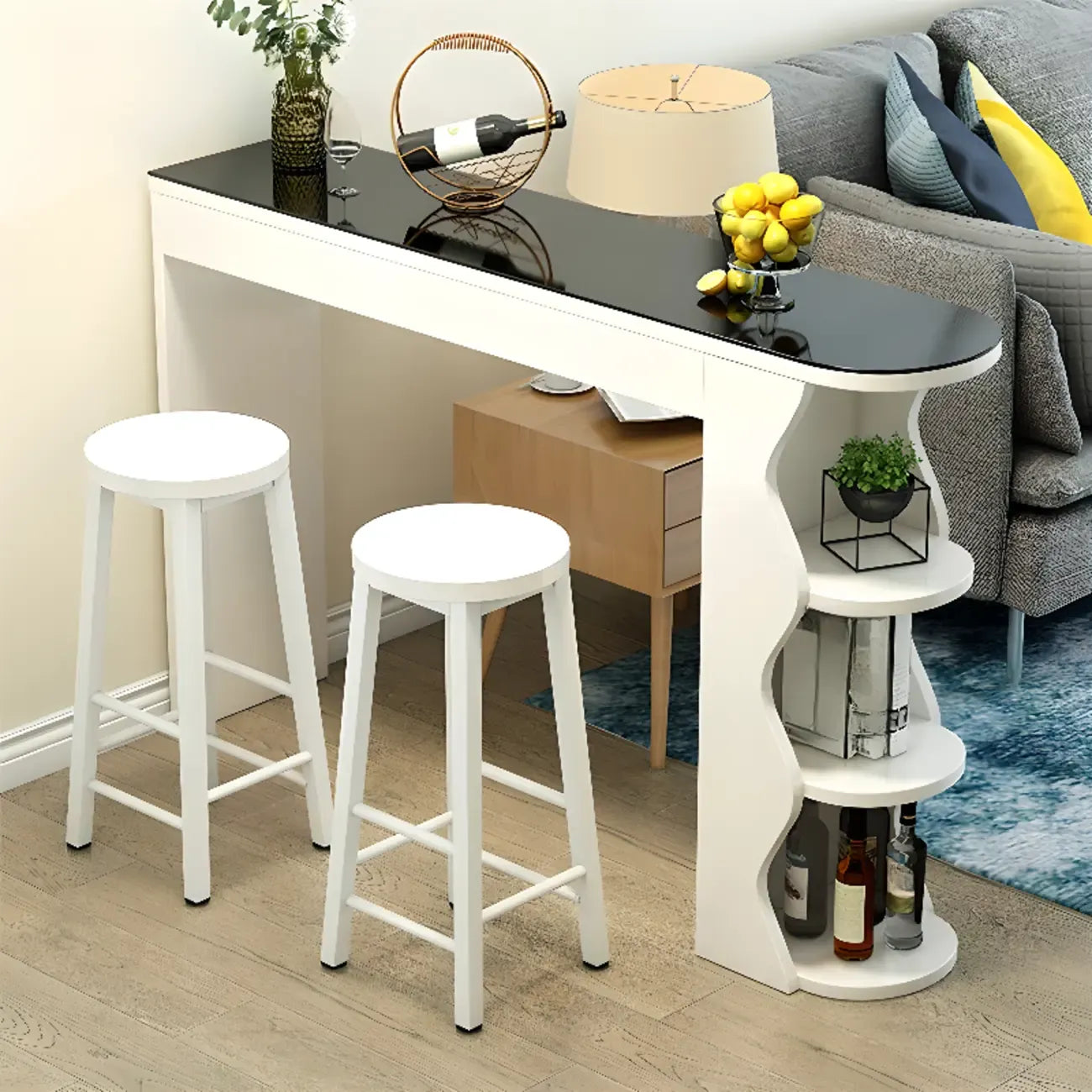 Tables de bar étagères asymétriques modernes en bois noir et blanc