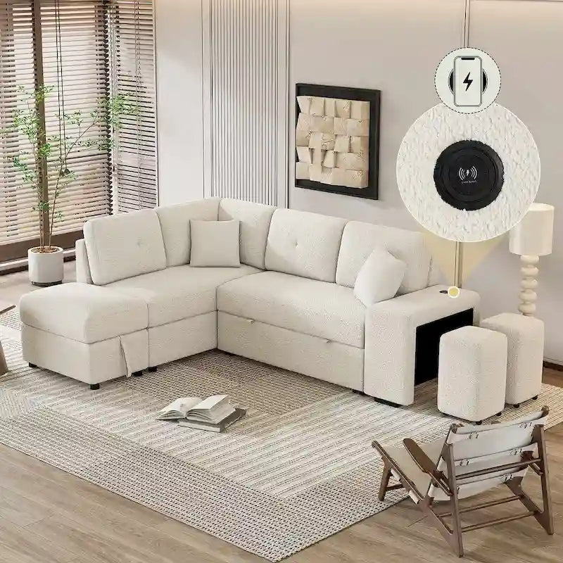 Canapé d'angle convertible avec pouf de rangement, canapé-lit pour salon