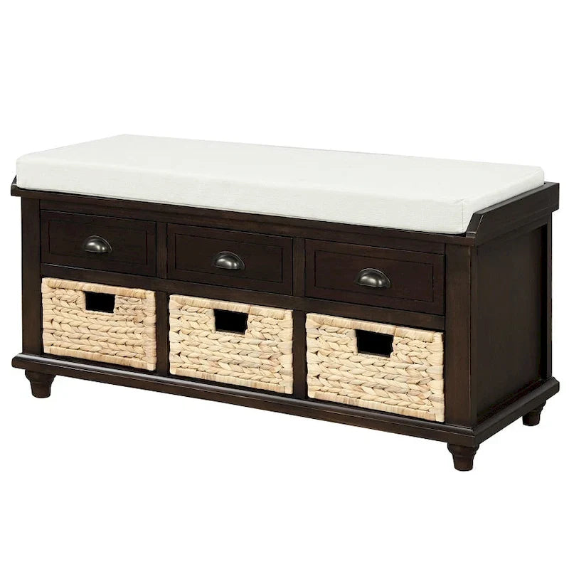 Banc de rangement rustique avec 3 tiroirs et 3 paniers en rotin, banc à chaussures pour salon, entrée
