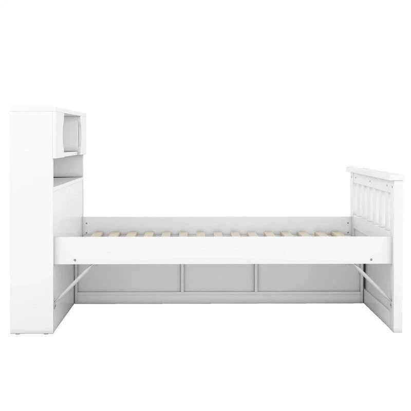 Lit plateforme capitaine double/grand avec 4 tiroirs et étagères de rangement, cadre de lit en bois massif avec tête de lit bibliothèque de rangement