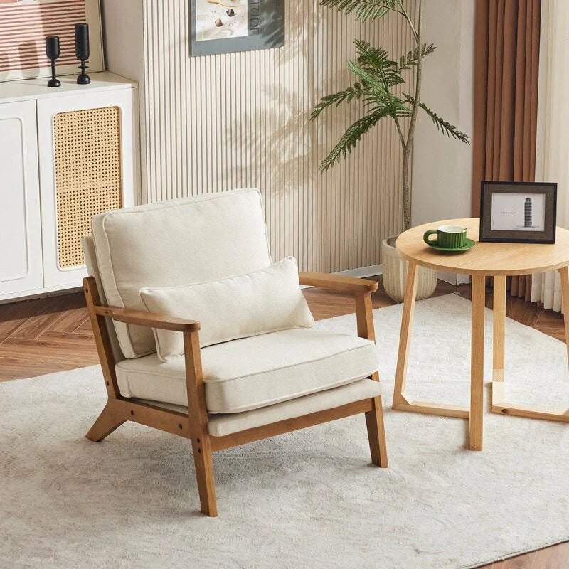 Fauteuil d'appoint rembourré en mélange de lin avec pieds en bois et un oreiller beige