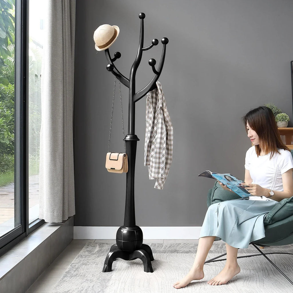 Porte-manteau sur pied en bois d'hévéa à motif de branches d'arbre avec 8 crochets - 24,5 l x 70,87 h