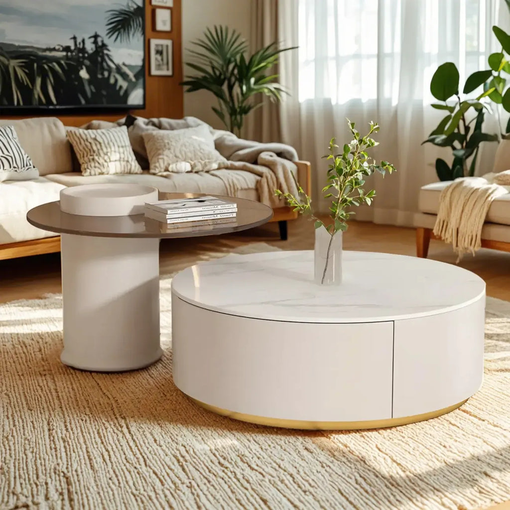 Table basse de forme tambour, ronde, en bois, moderne, blanche avec tiroir