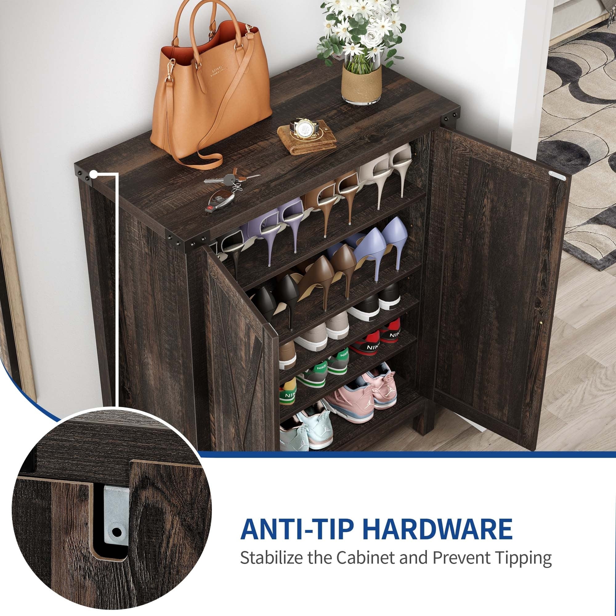 Meuble de rangement pour chaussures Moasis à 5 niveaux et 20 paires avec portes doubles pour entrée