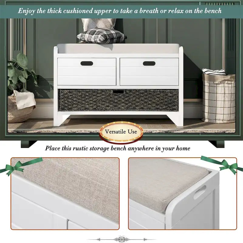 Banc de rangement en bois avec 2 paniers tressés