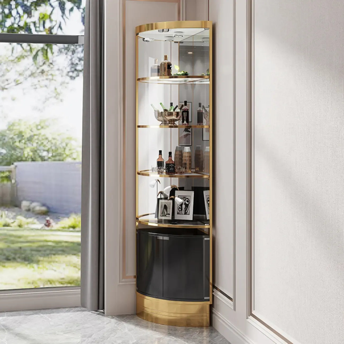 Meuble d'angle à vin avec étagères en verre et métal à plusieurs niveaux