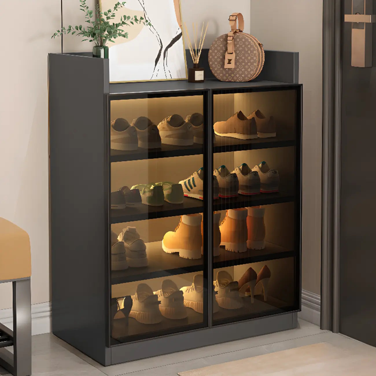 Meuble à chaussures éclairé par LED avec étagères réglables Portes transparentes