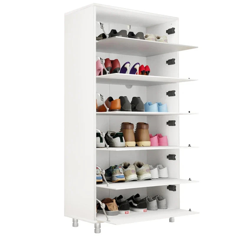 Meuble à chaussures miroir avec 6 tiroirs à abattant, organisateur de rangement pour une grande quantité de chaussures, 4 pieds en métal, porte à abattant à ouverture manuelle.