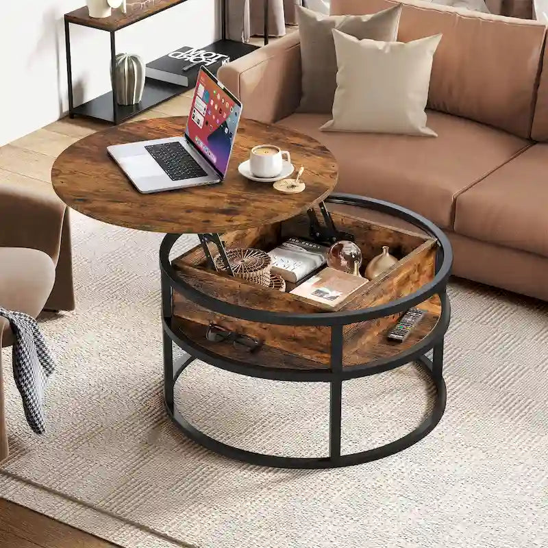 Table basse ronde relevable et extensible avec rangement dissimulé