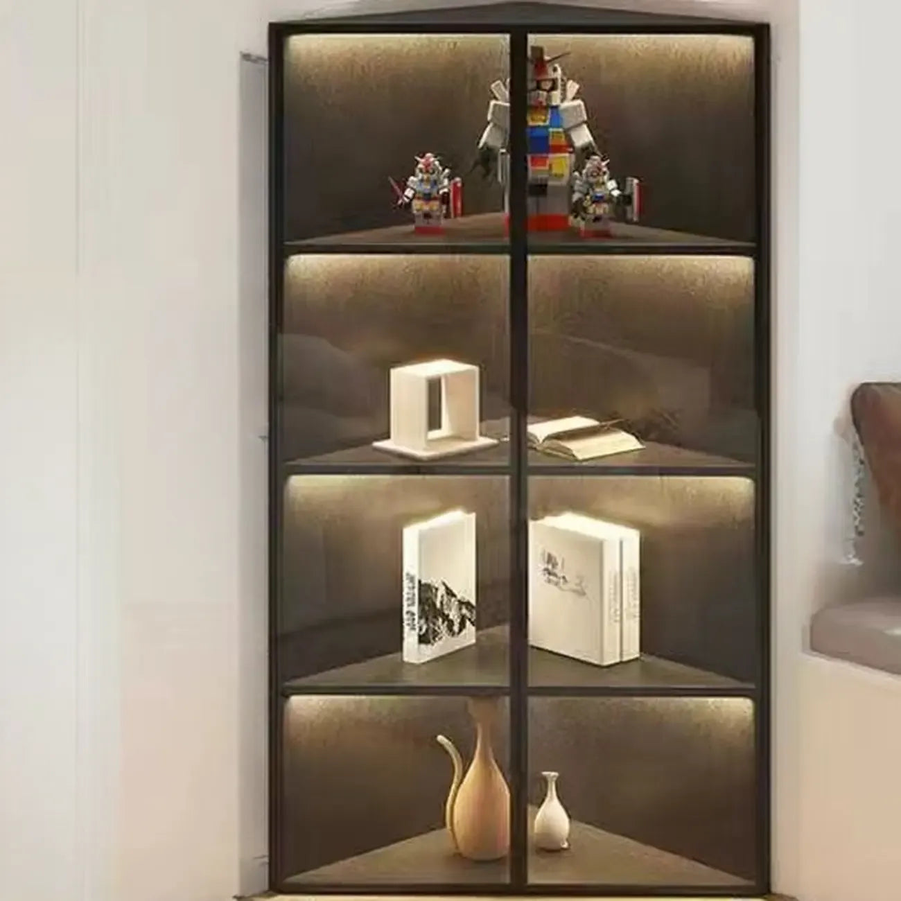 Meuble d'angle d'exposition moderne en bois et métal gris avec porte vitrée