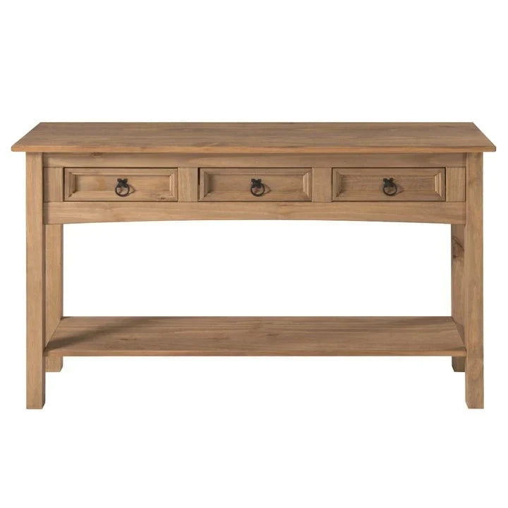 Console de couloir rustique en pin massif, blanc cérusé / marron antique / gris cérusé / non peinte, 3 tiroirs