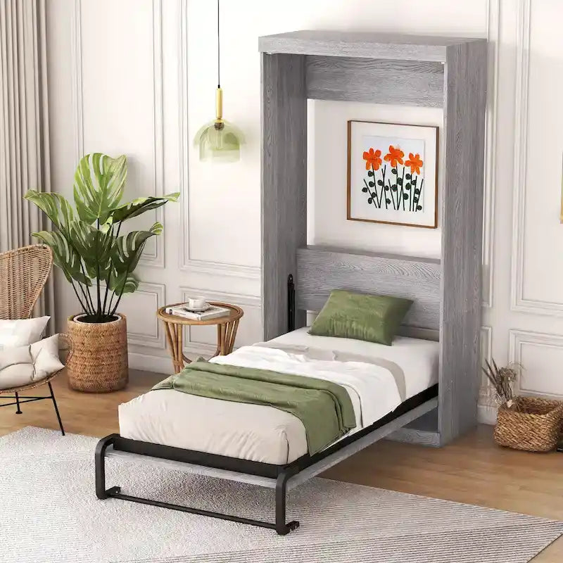 Lit escamotable simple, se plie en armoire, gris