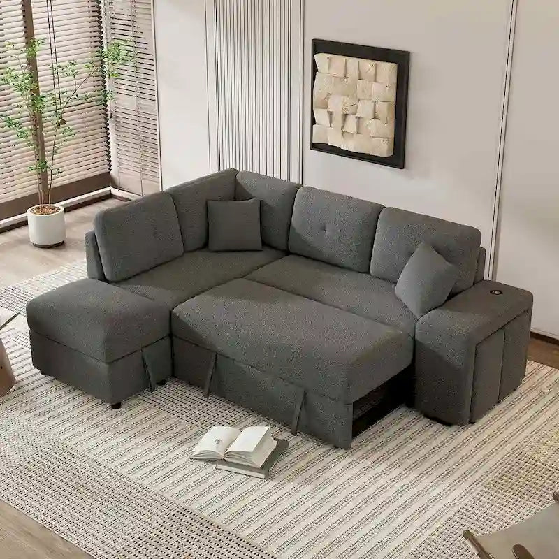 Canapé d'angle convertible avec pouf de rangement, canapé-lit pour salon