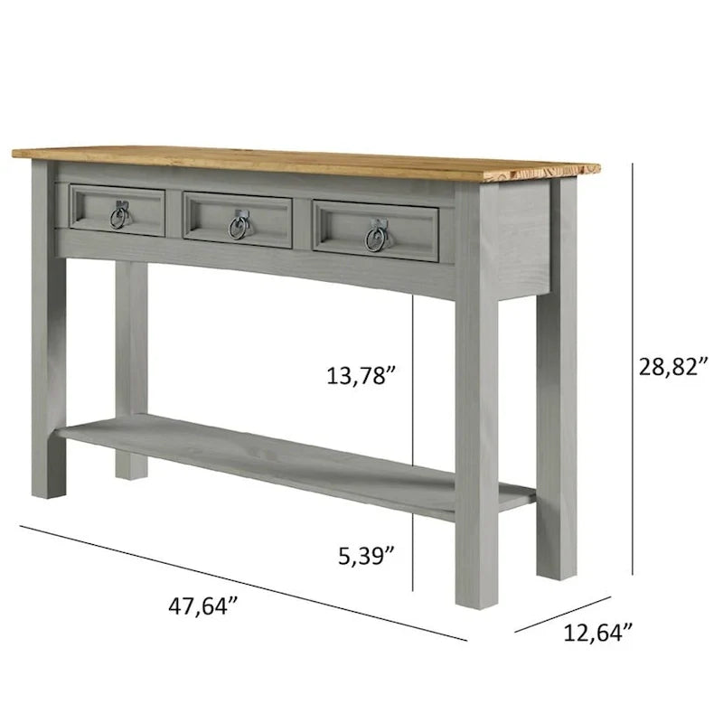 Console de couloir rustique en pin massif, blanc cérusé / marron antique / gris cérusé / non peinte, 3 tiroirs
