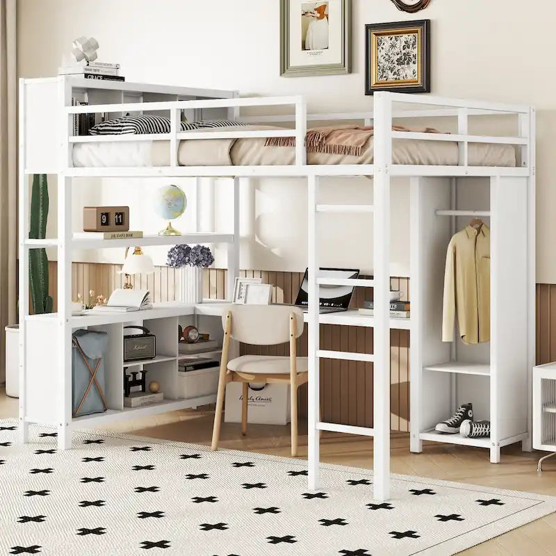 Lit mezzanine en métal blanc cassé avec bureau et armoire - Grand lit