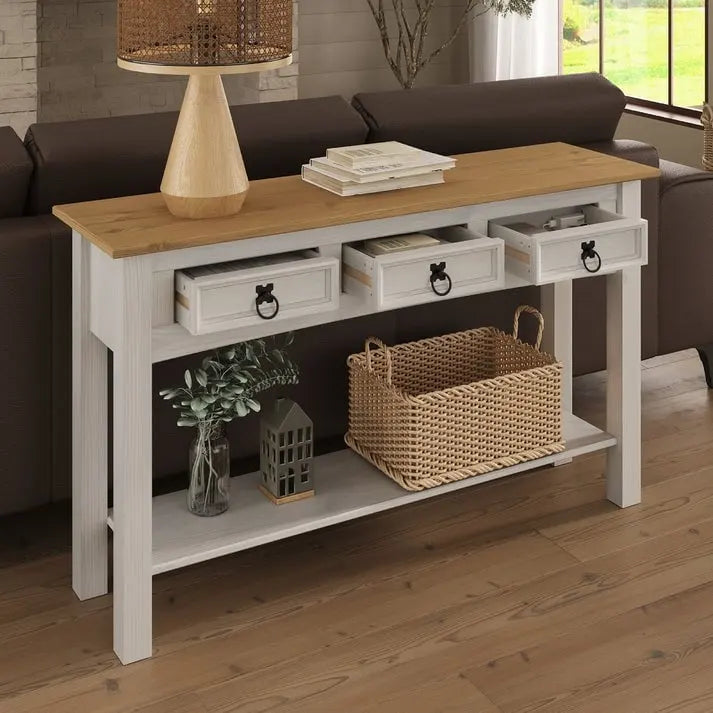 Console de couloir rustique en pin massif, blanc cérusé / marron antique / gris cérusé / non peinte, 3 tiroirs