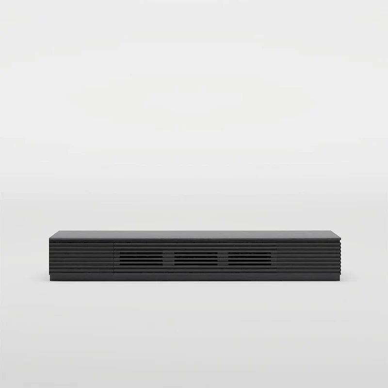 Meuble TV minimaliste avec tiroirsConsole multimédia en bois massif avec placards, porte abattante, placage noyer, entièrement assemblé