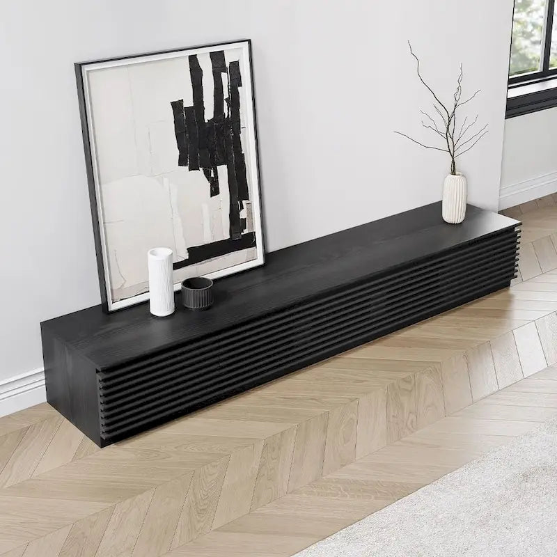 Meuble TV minimaliste avec tiroirsConsole multimédia en bois massif avec placards, porte abattante, placage noyer, entièrement assemblé