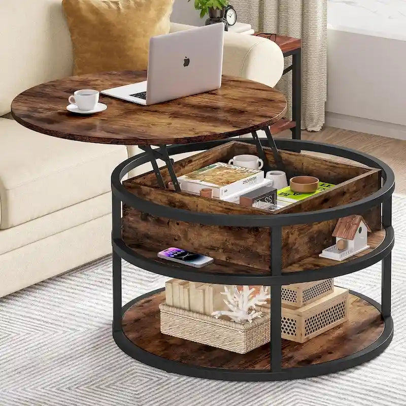 Table basse ronde relevable Moasis Farmhouse avec rangement dissimulé et étagère