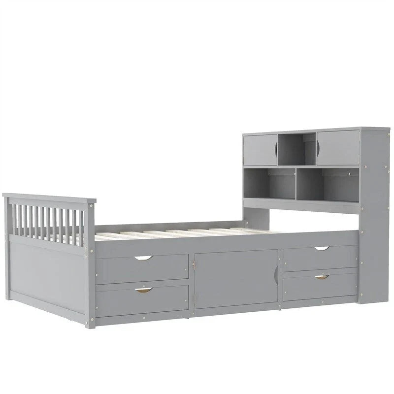 Lit plateforme capitaine double/grand avec 4 tiroirs et étagères de rangement, cadre de lit en bois massif avec tête de lit bibliothèque de rangement