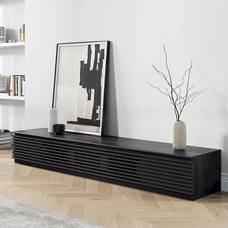 Meuble TV minimaliste avec tiroirsConsole multimédia en bois massif avec placards, porte abattante, placage noyer, entièrement assemblé