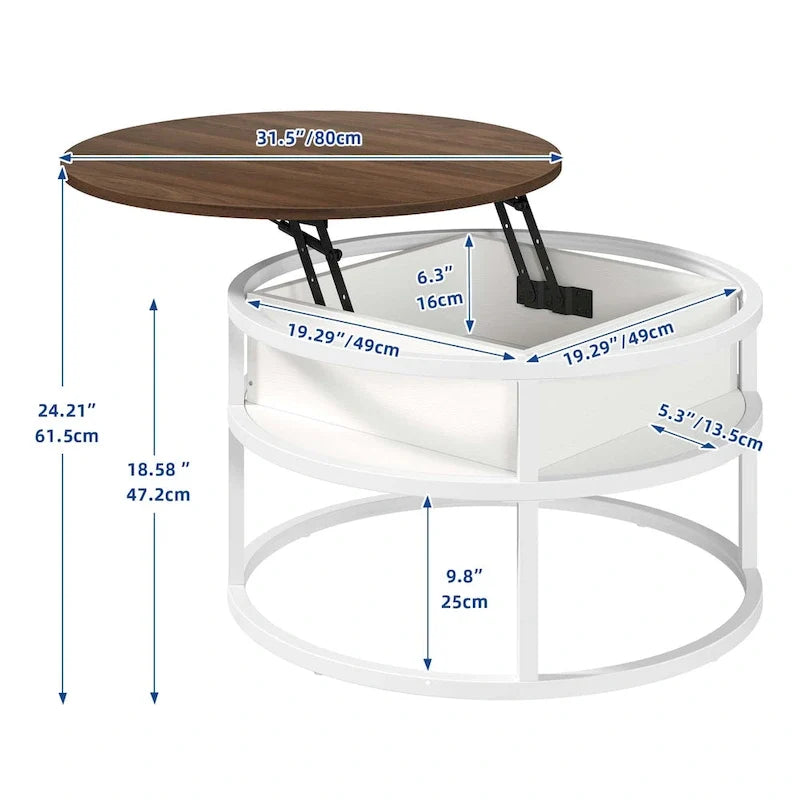 Table basse ronde relevable Moasis Farmhouse avec rangement dissimulé et étagère
