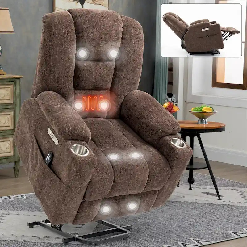 Fauteuil inclinable Power Lift avec massage et chaleur, fauteuils inclinables larges et rembourrés Lazy Boy avec ports USB, Type C et 2 porte-gobelets en acier