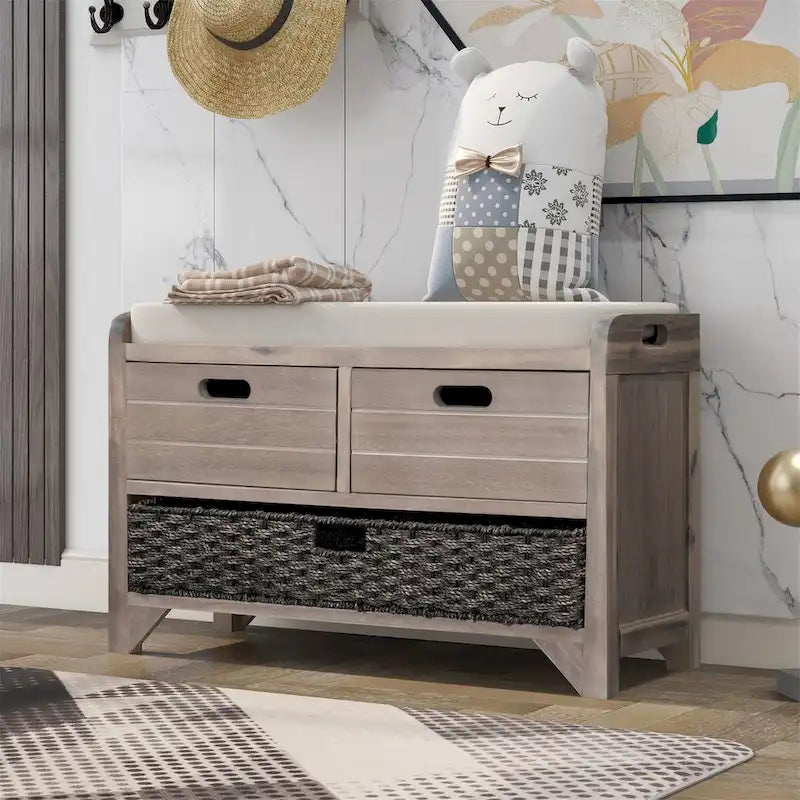 Banc de rangement en bois avec 2 paniers tressés