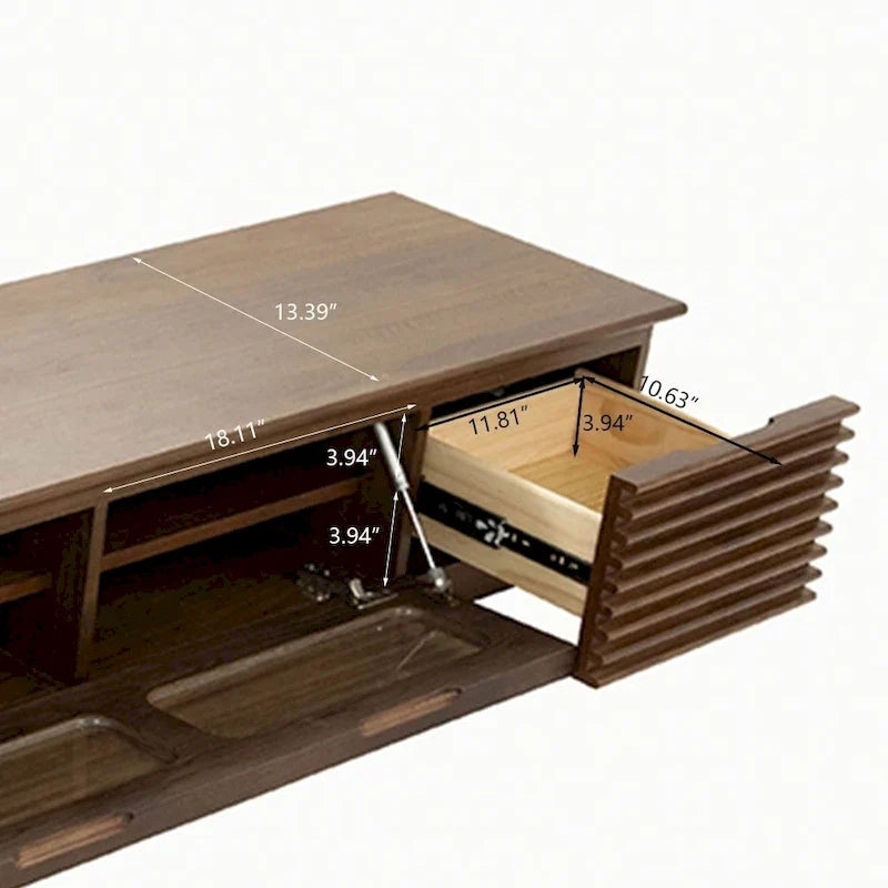 Meuble TV minimaliste avec tiroirsConsole multimédia en bois massif avec placards, porte abattante, placage noyer, entièrement assemblé