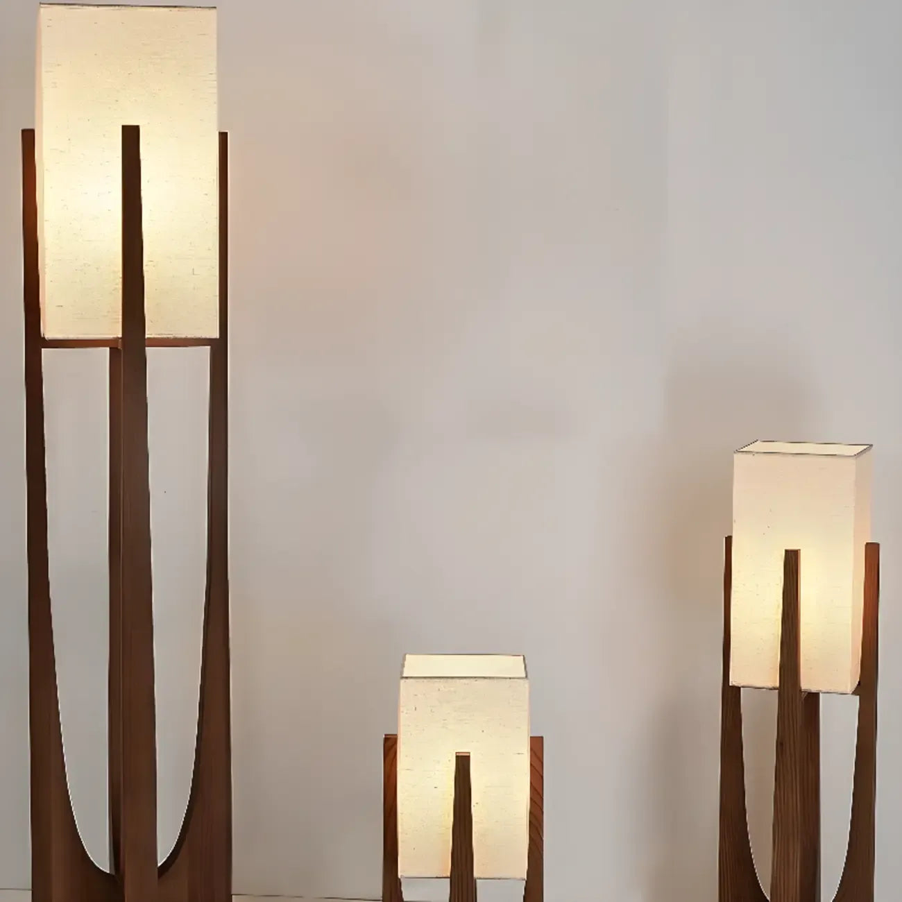 Lampadaires LED en bois vintage avec abat-jour en tissu