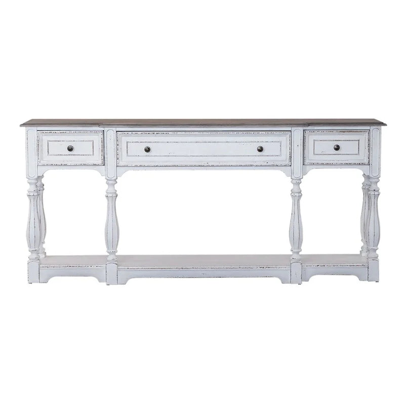 Console de hall 72 po blanc antique et écorce vieillie