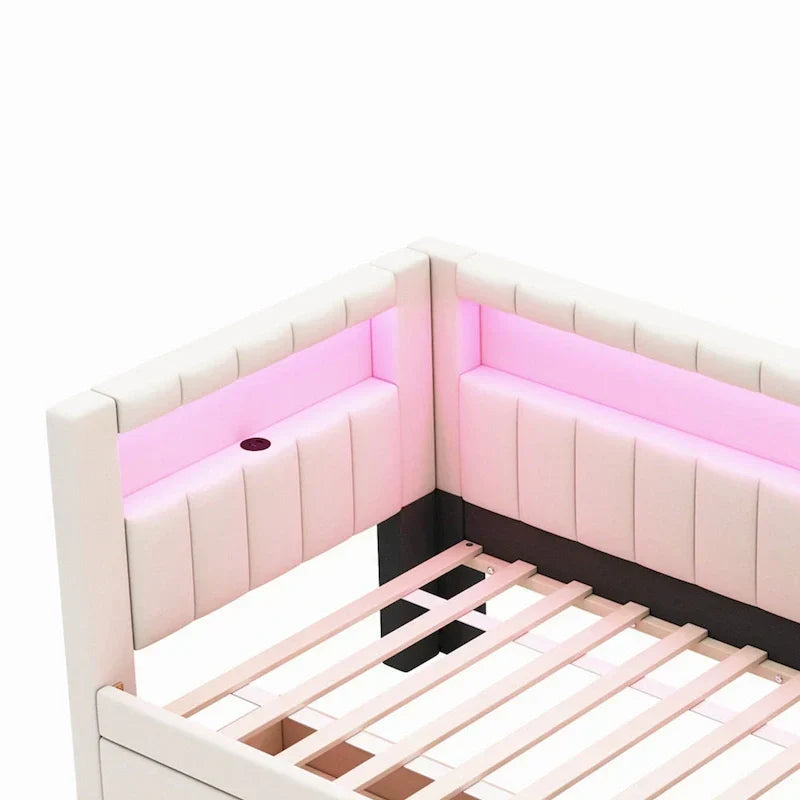 Lit plateforme rembourré avec ports USB et éclairage LED - Cadre de lit double/simple avec 2 tiroirs de rangement - Chambre à coucher moderne