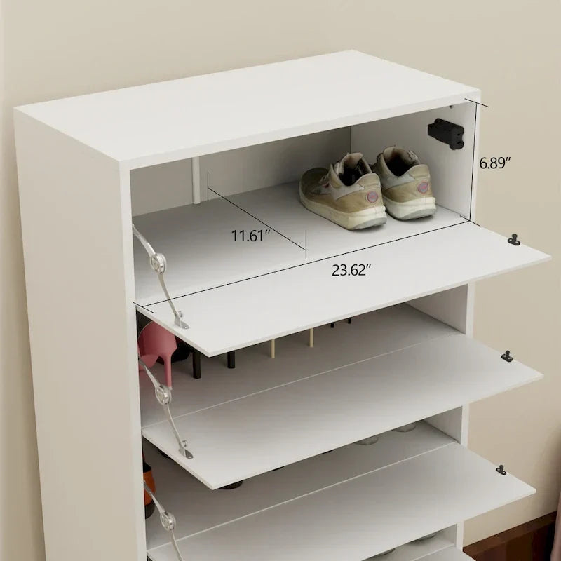 Meuble à chaussures miroir avec 6 tiroirs à abattant, organisateur de rangement pour une grande quantité de chaussures, 4 pieds en métal, porte à abattant à ouverture manuelle.