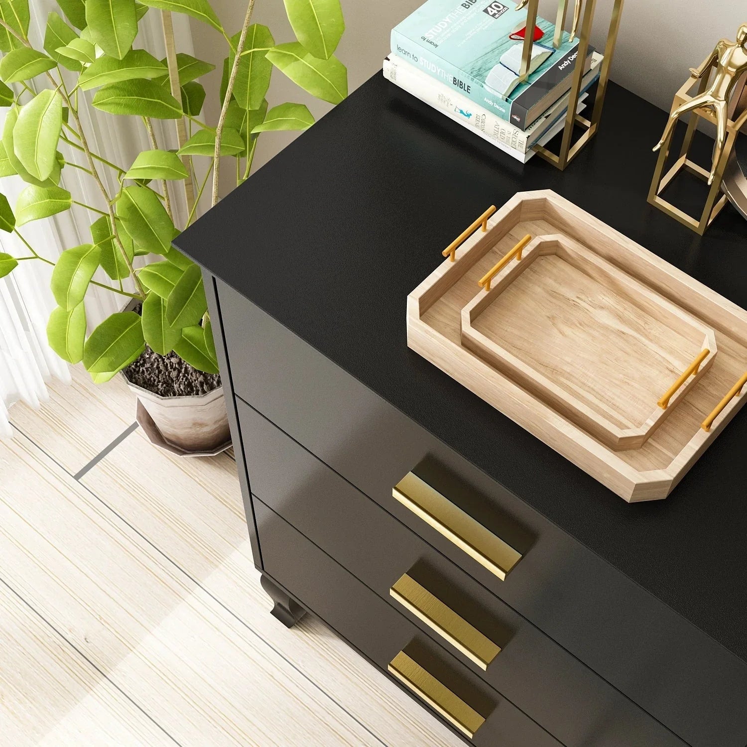 Commode double Timechee 6 tiroirs 47,2 po de largeur, pieds en bois massif, fini laqué