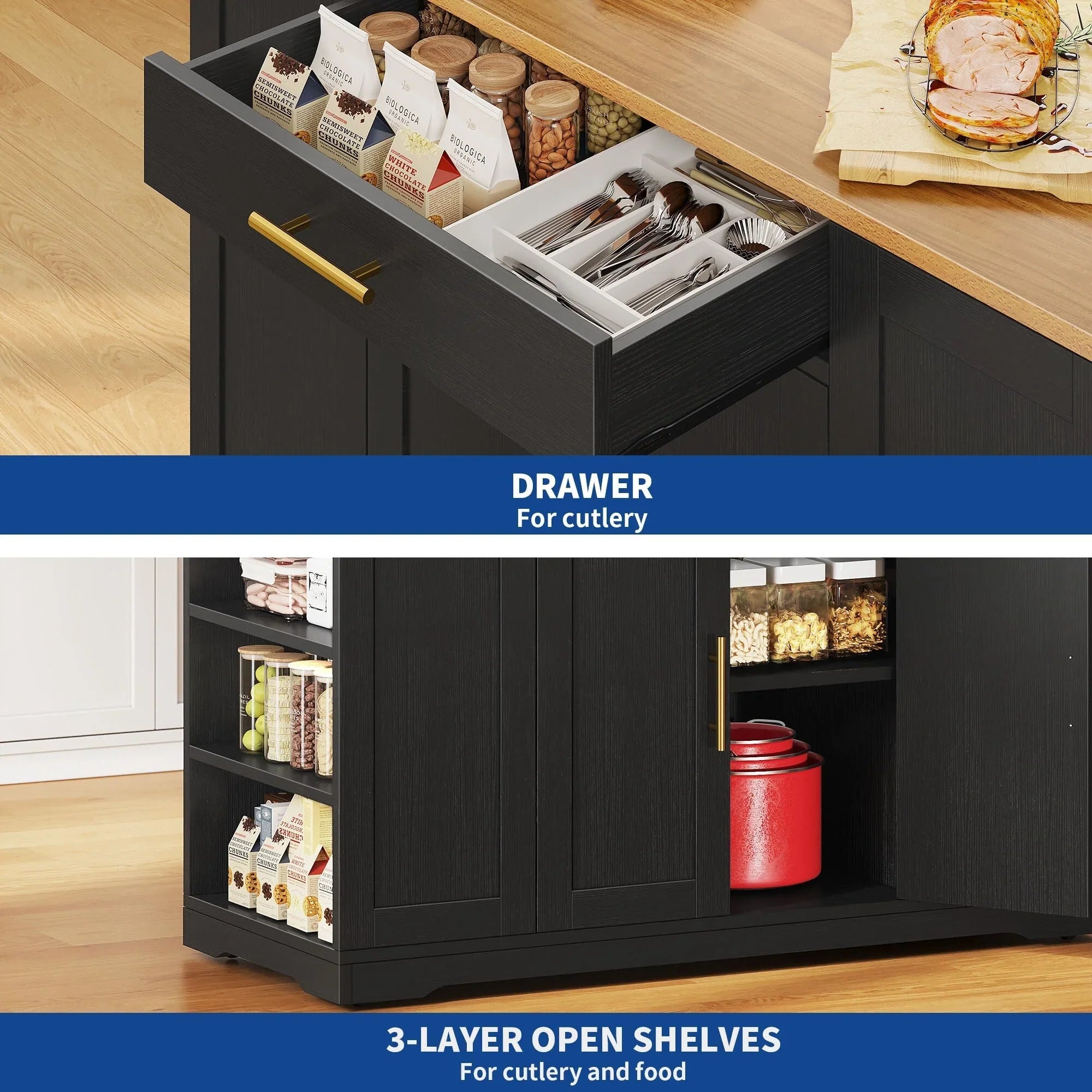 Moasis 53 pouces, îlot de cuisine roulant, armoire de rangement, chariot de cuisine mobile portable