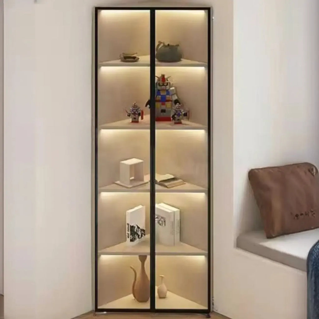 Meuble d'angle d'exposition moderne en bois et métal gris avec porte vitrée