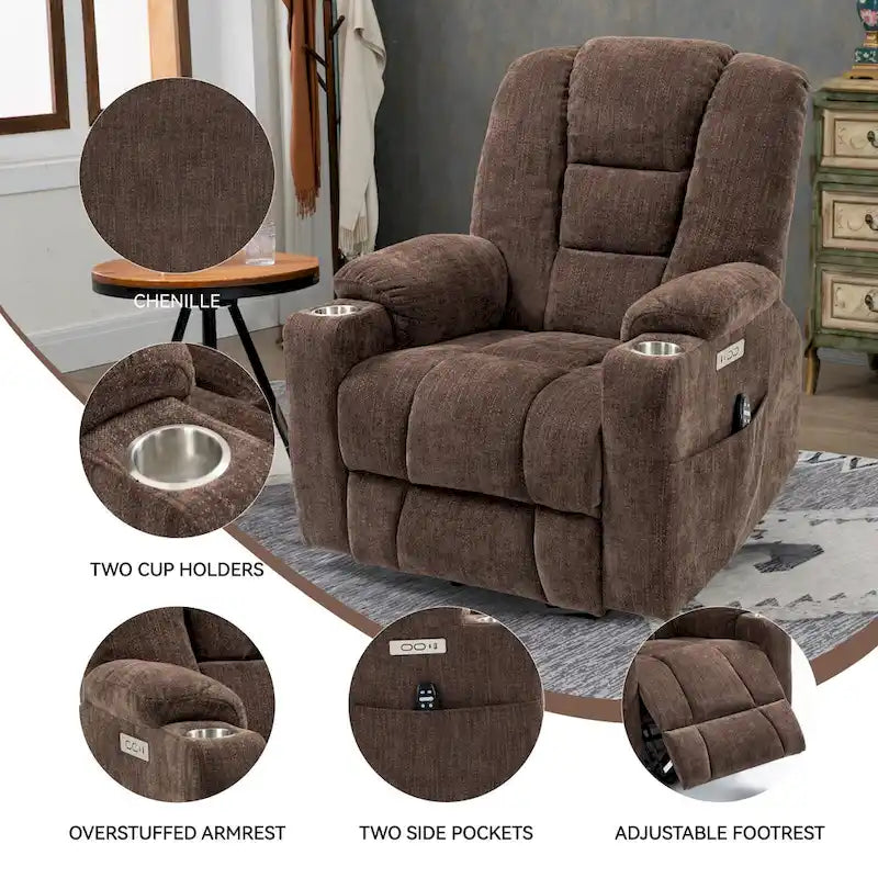Fauteuil inclinable Power Lift avec massage et chaleur, fauteuils inclinables larges et rembourrés Lazy Boy avec ports USB, Type C et 2 porte-gobelets en acier