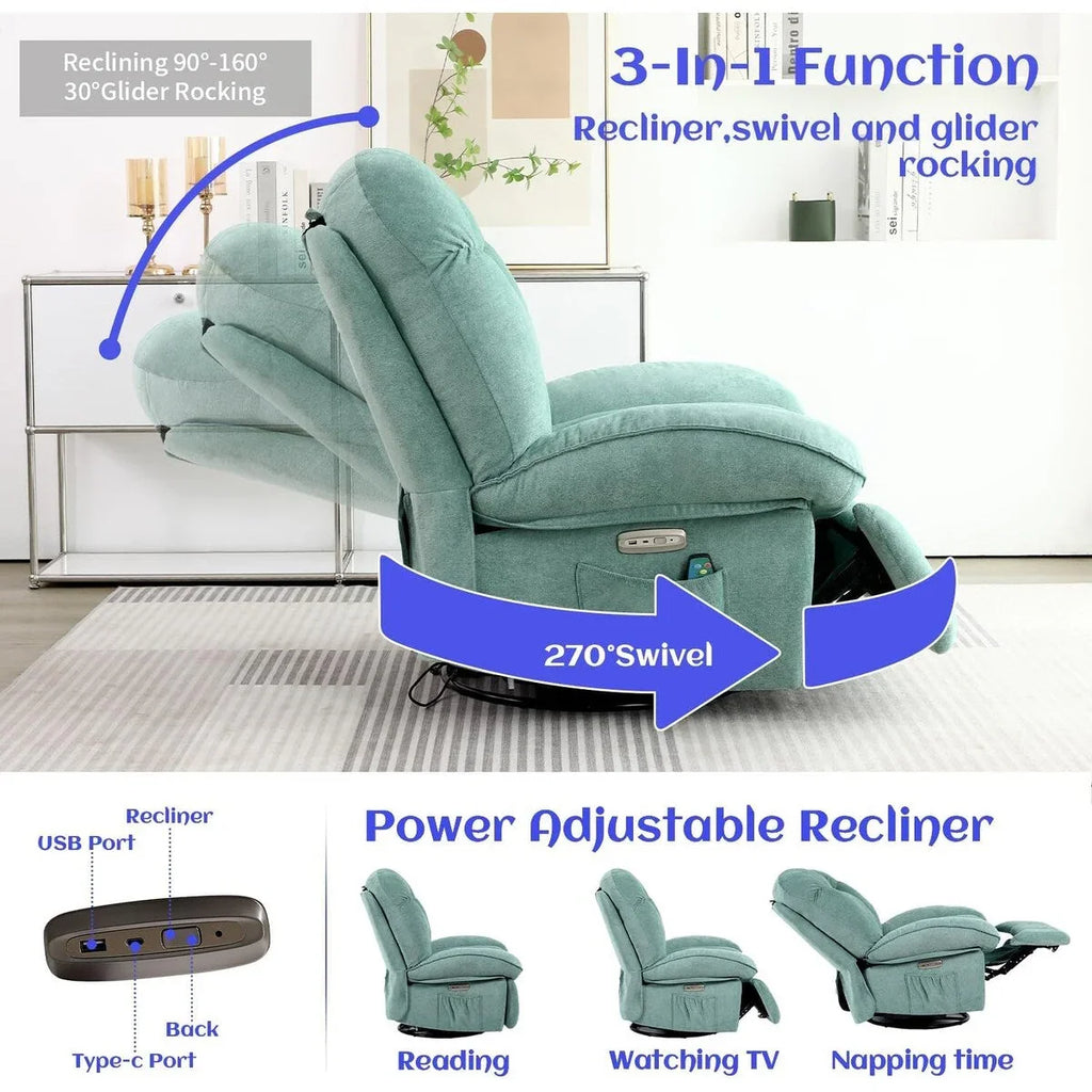 Fauteuil inclinable pivotant XINMICS, Fauteuils inclinables à bascule de massage avec fonction chauffante, ports USB, USB-C et pochette latérale
