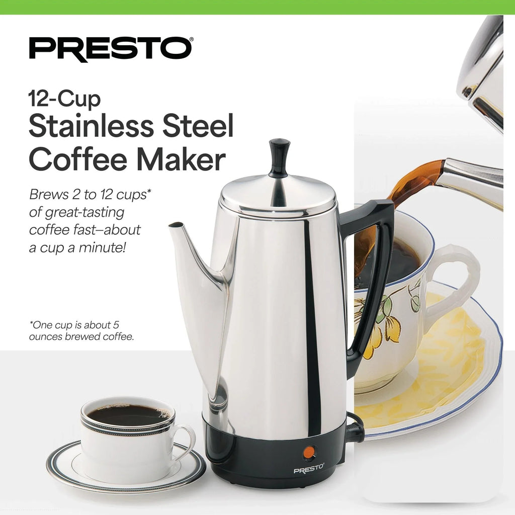 Cafetière à percolateur Presto en acier inoxydable, 12 tasses, robuste, argent - 2.79