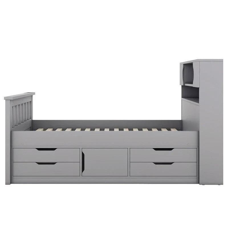 Lit plateforme capitaine double/grand avec 4 tiroirs et étagères de rangement, cadre de lit en bois massif avec tête de lit bibliothèque de rangement