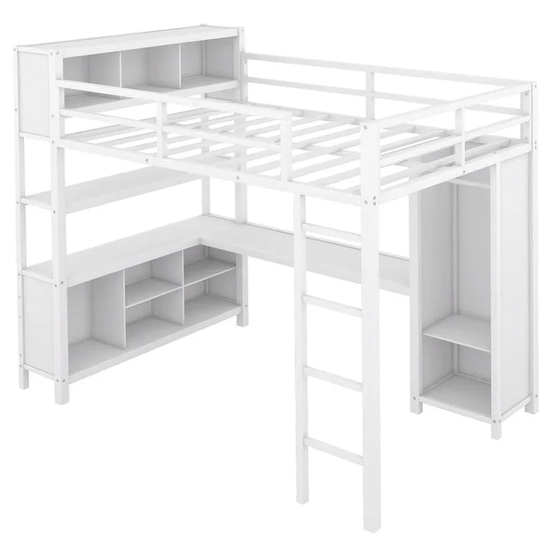 Lit mezzanine en métal blanc cassé avec bureau et armoire - Grand lit