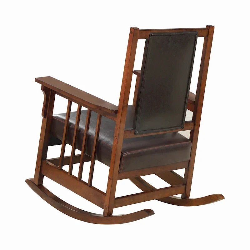Fauteuil à bascule de style Mission, assise et dossier en cuir, tabac et marron foncé