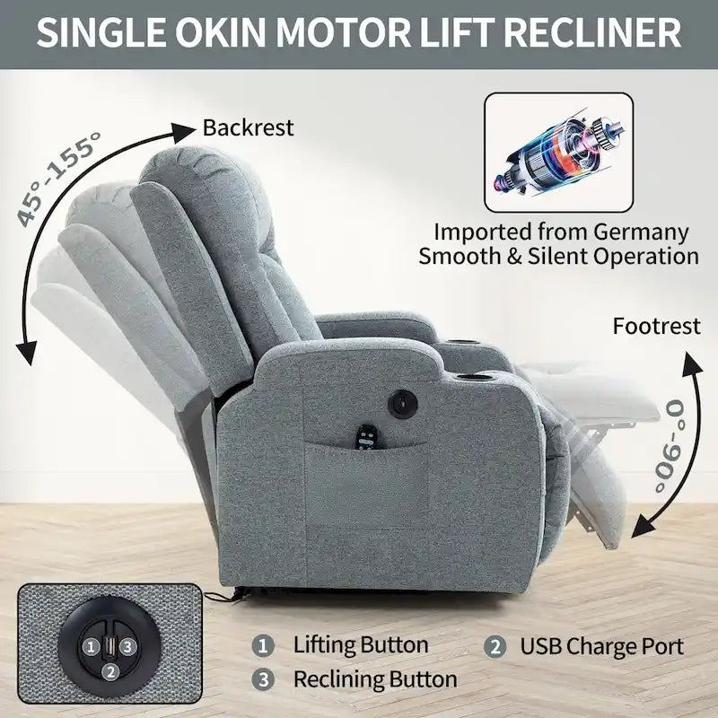 Fauteuil inclinable releveur électrique, fauteuil de massage moderne à moteur unique avec chauffage lombaire, port de chargement USB, porte-gobelets