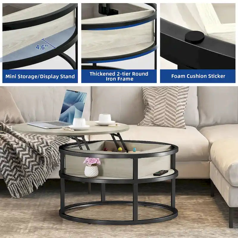 Table basse ronde relevable Moasis Farmhouse avec rangement dissimulé et étagère