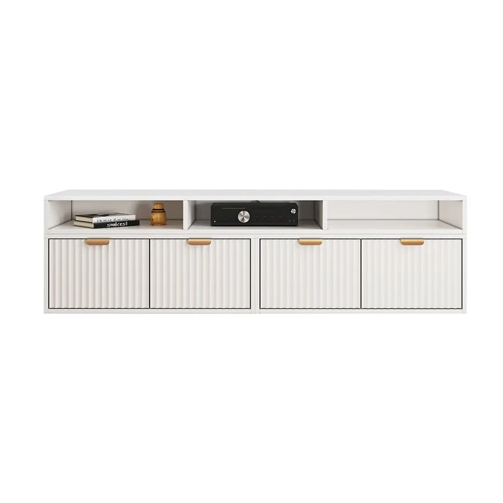 Meuble TV d'angle moderne blanc avec 2 tiroirs et rangement ouvert