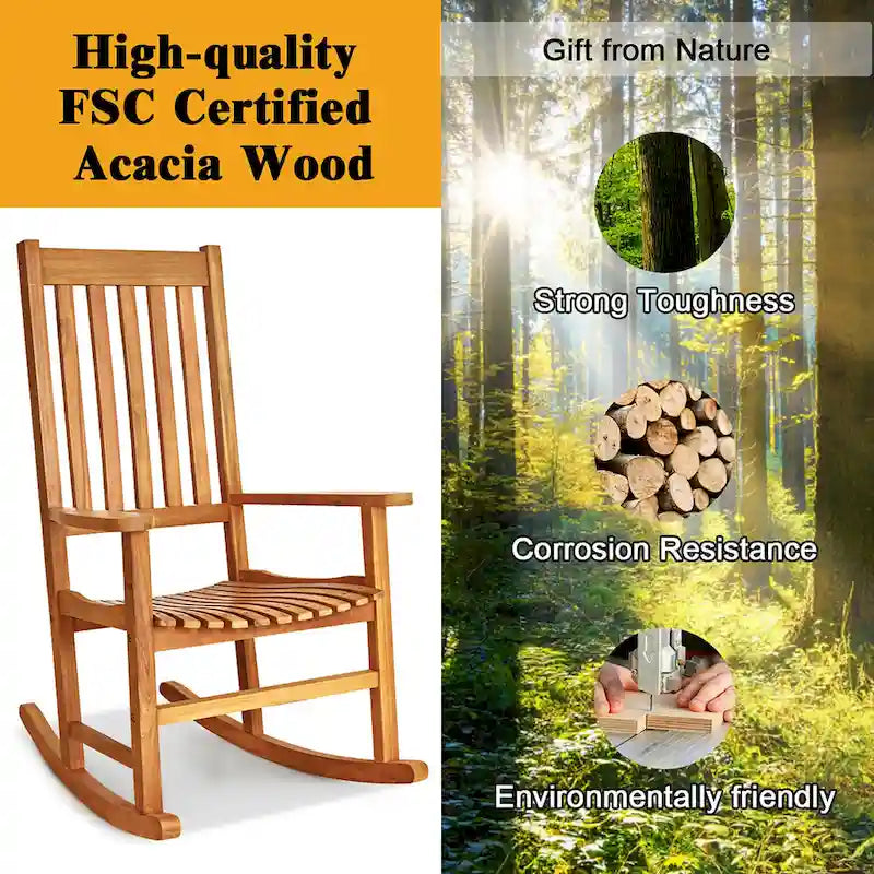 Fauteuil à bascule avec cadre en bois massif, fauteuil à bascule de véranda, intérieur/extérieur