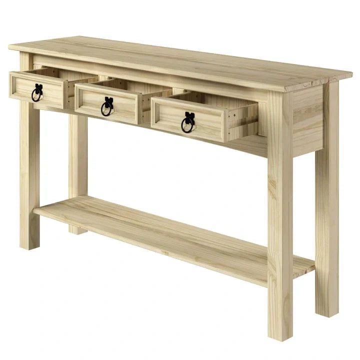 Console de couloir rustique en pin massif, blanc cérusé / marron antique / gris cérusé / non peinte, 3 tiroirs