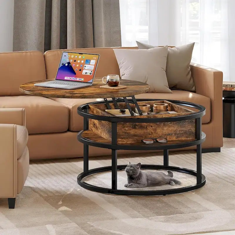 Table basse ronde relevable Moasis Farmhouse avec rangement dissimulé et étagère