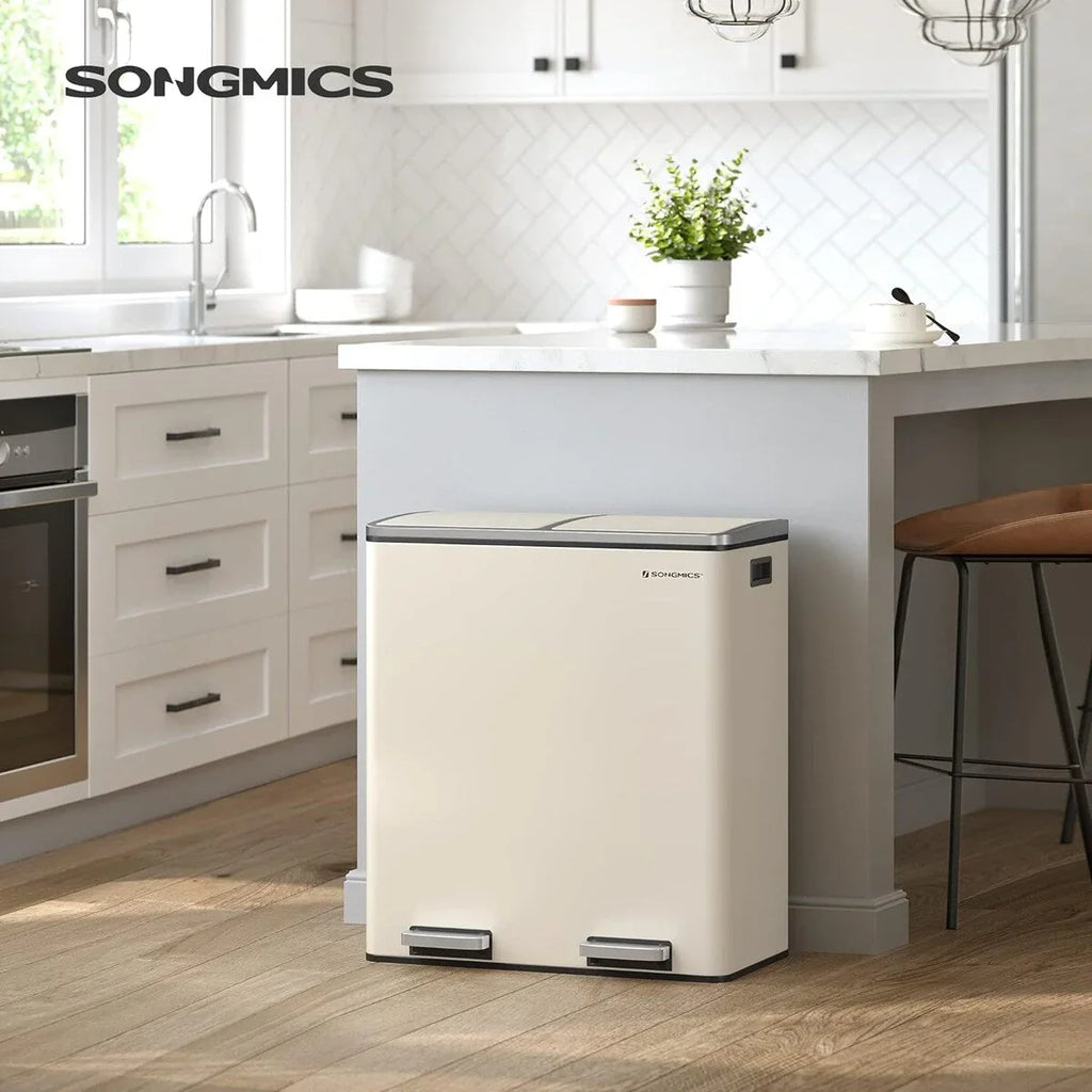 SONGMICS Poubelle double, 60L, en acier inoxydable, amande